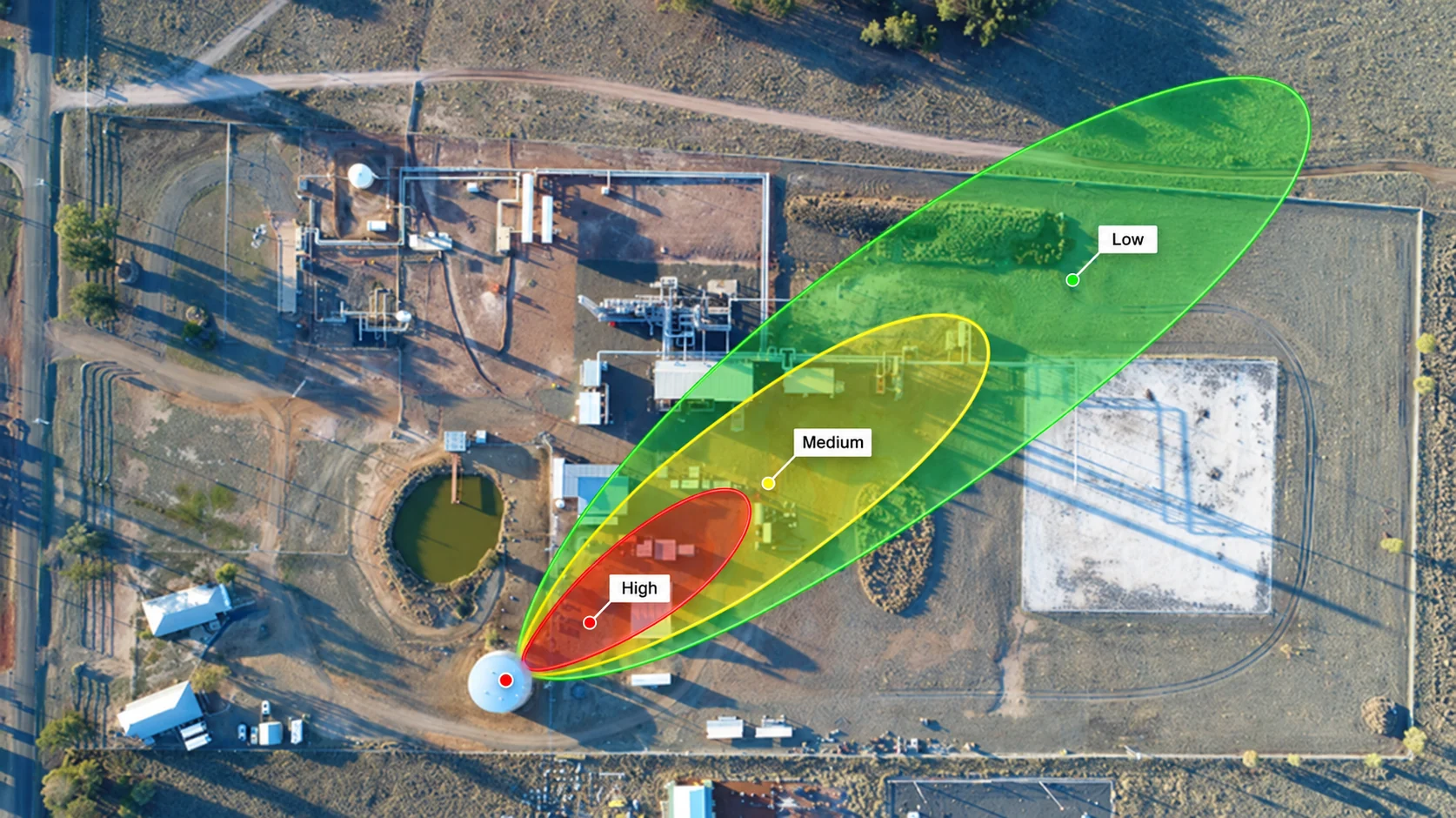 Process safety dispersion modelling results showing airborne hazard contours around an industrial facility