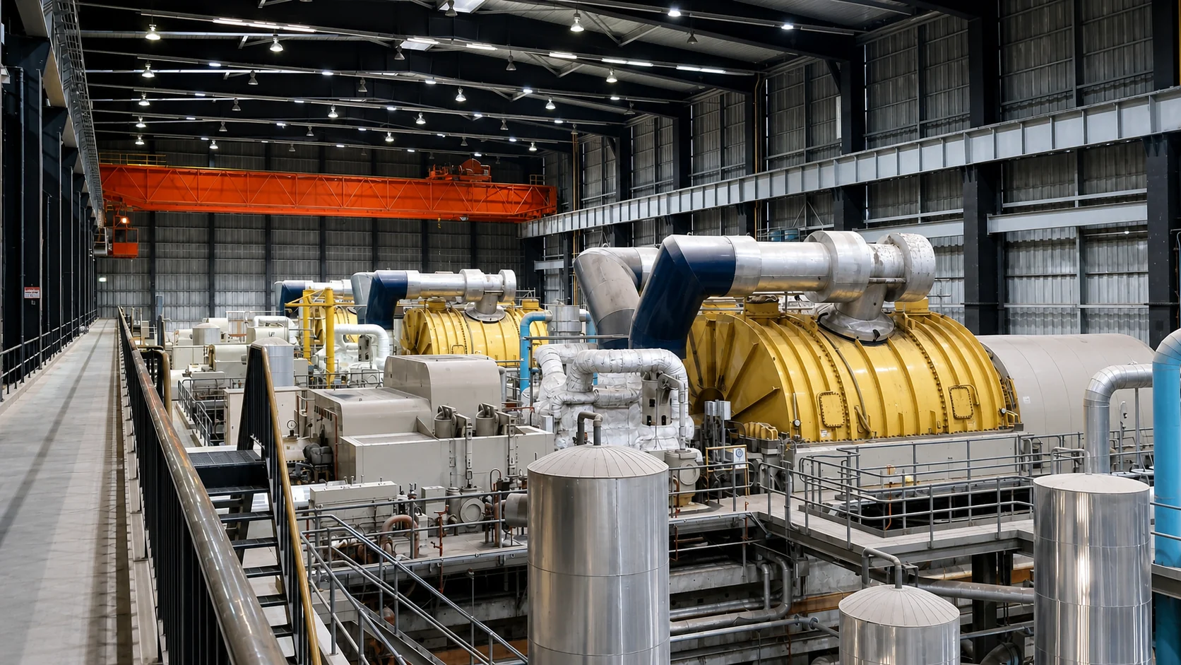 Steam turbine generator units and pipework inside a turbine hall
