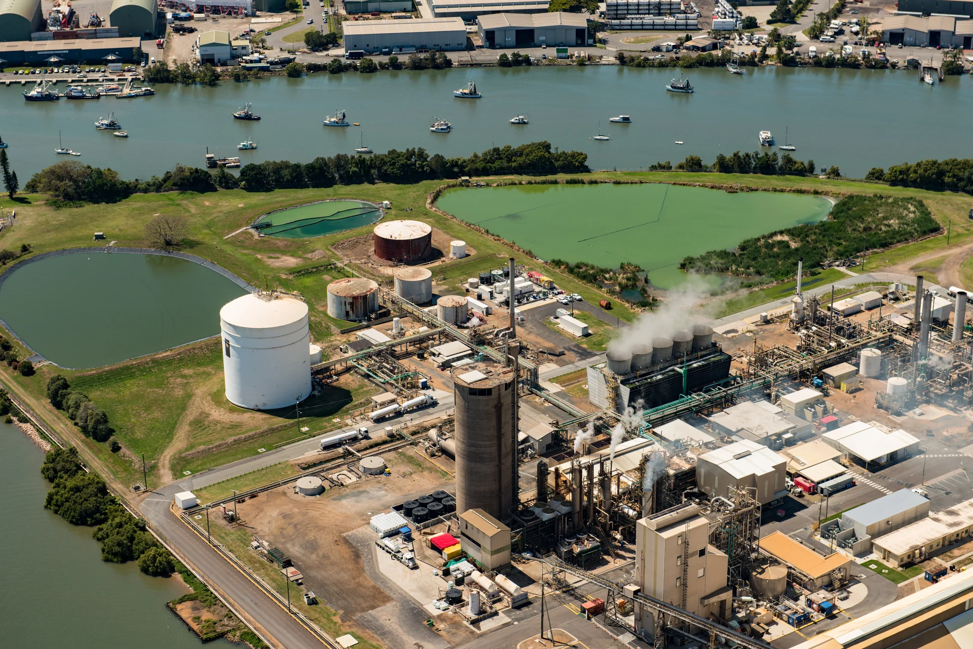 Aerial view of a urea plant with ammonia storage and process equipment